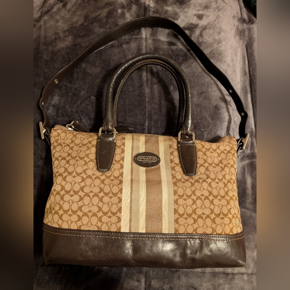 Coach Signature Stripe EastWest Satchel Shoulder Bag Khaki/Mahogany - Picture 1 of 15